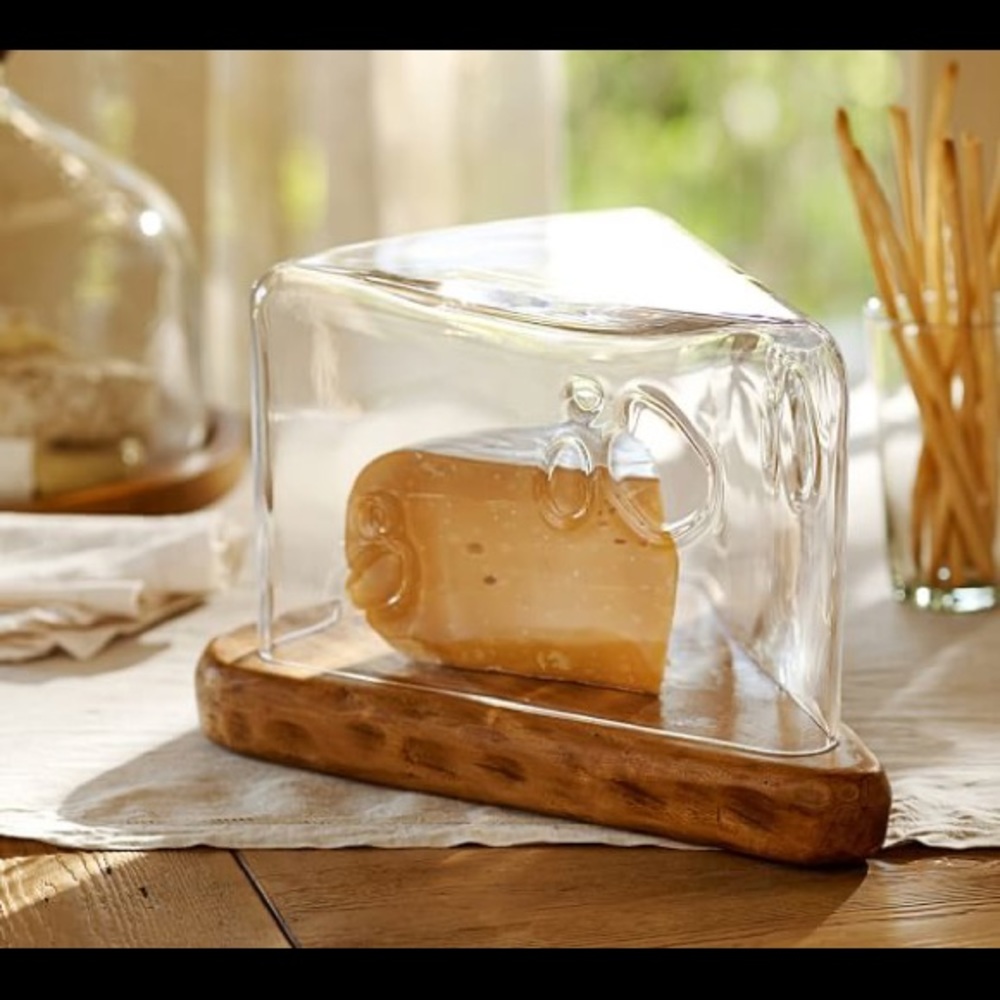 Pottery Barn Large Handmade Glass and Wood Cheese Shaped Cheese Cloche 🧀 🐭🍷